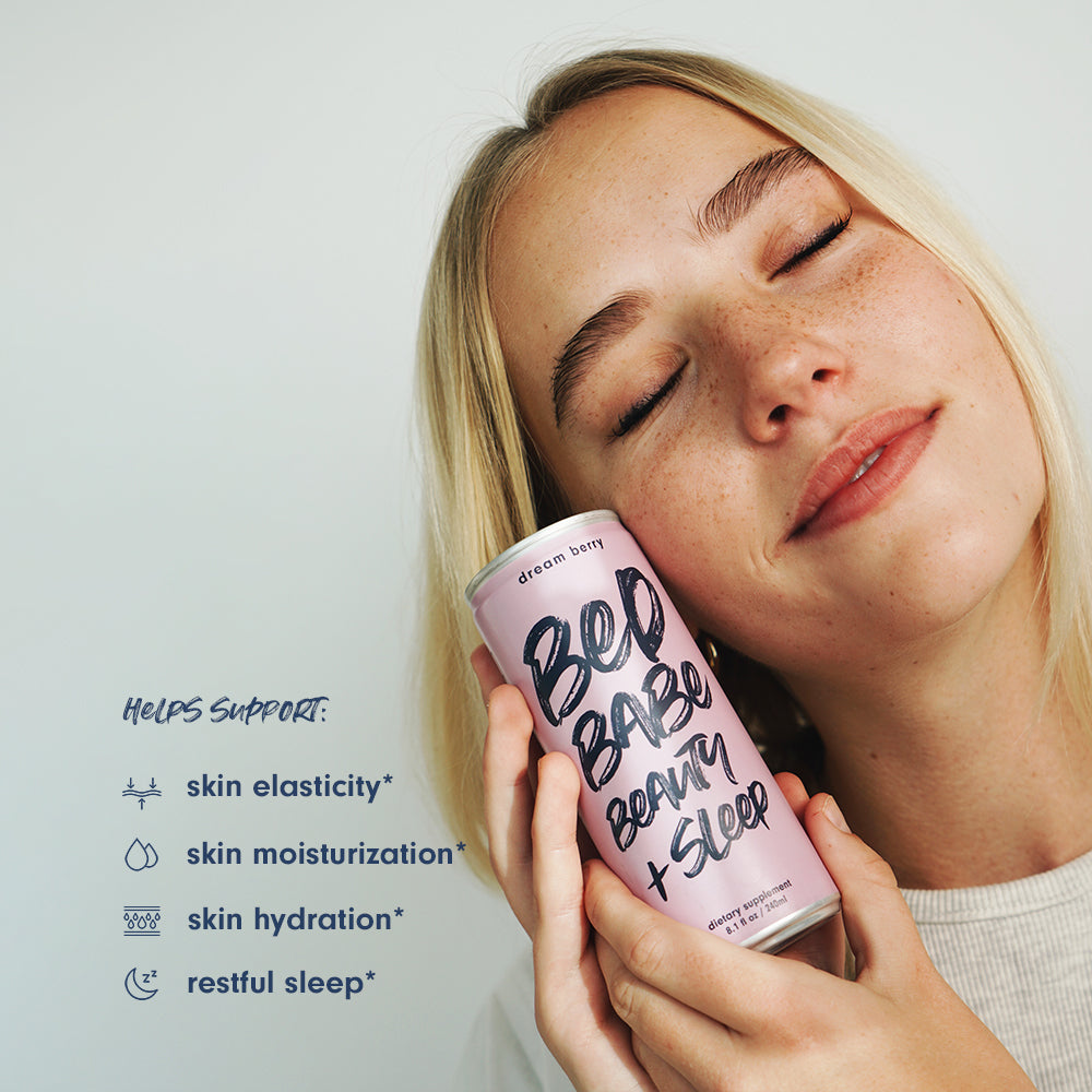 Bed Babe Beauty Sleep Drink Helps Support Skin And Sleep. Bed Babe Holding Can.